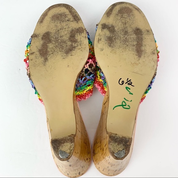 Jack Rogers Vintage Heels Raffia Rainbow Cork Wedge 70s 6.5 - Picture 9 of 12